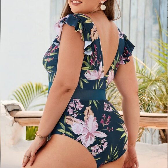 Cupshe Floral V-Neck Sheer Band Swimsuit in Navy & Pink Plus Size - 1X NWT - Picture 5 of 7